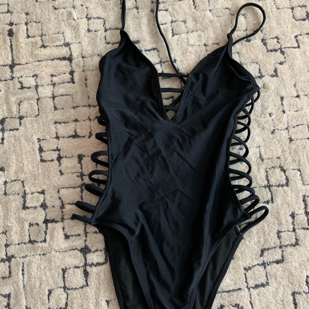 Black Lace Up One Piece Swimsuit Small
